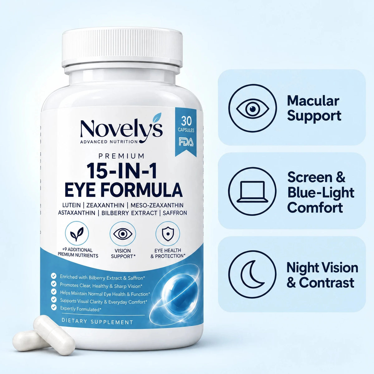 Novelys bottle with macular, screen and night vision support