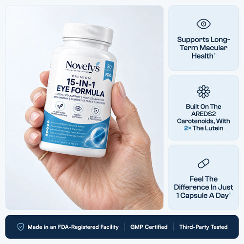 Novelys held in hand: Supports Long-Term Macular Health, Built On The AREDS2 Carotenoids With 2x The Lutein, Feel The Difference In Just 1 Capsule A Day. Made in an FDA-registered facility.