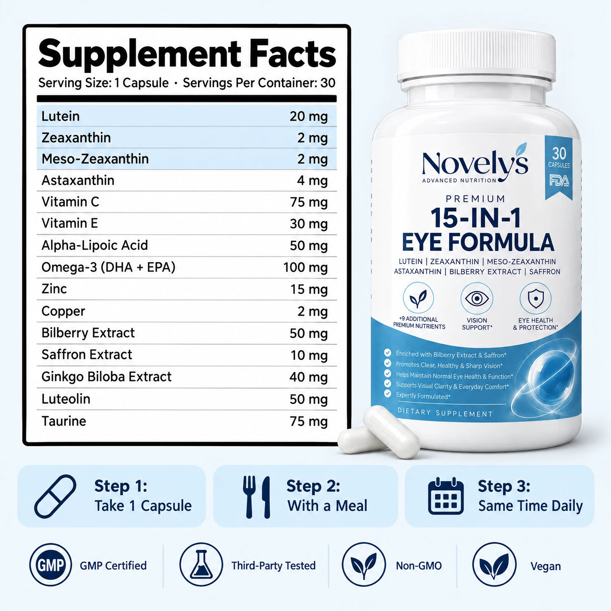 Novelys supplement facts: 1 capsule per serving, 30 servings per bottle