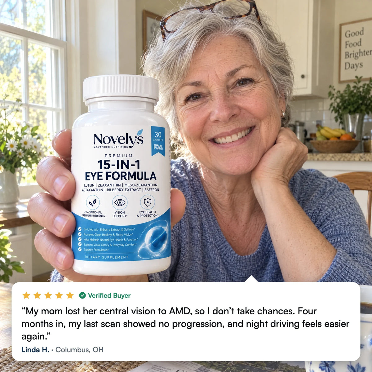 Verified buyer Linda H. holding her Novelys bottle